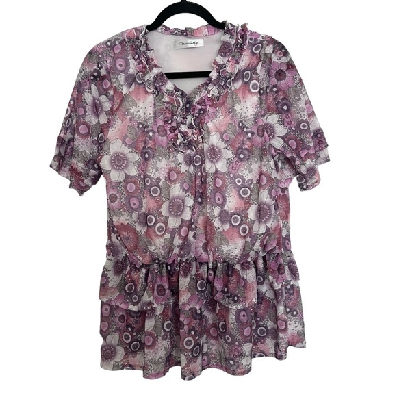 Maribetty Pink Purple Floral Tunic Blouse M-L - Picture 1 of 12